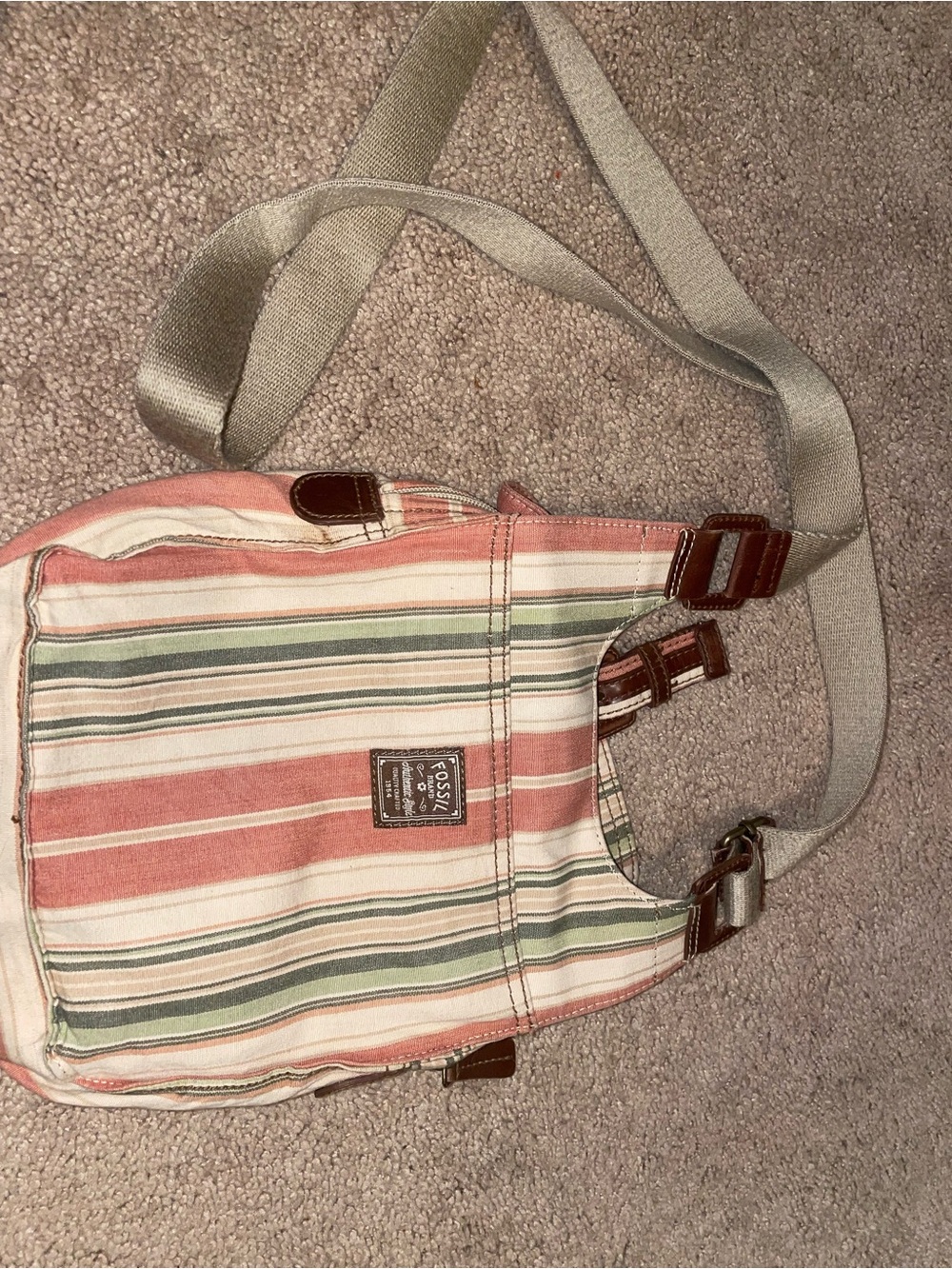Fossil Striped Canvas Messenger Bag in Pink, Green and Cream